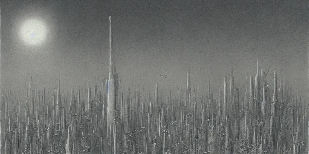 Image similar to many small birds, shining light, rays of light, by beksinski, shining light, high clouds, towers, Award winning, pencil drawing, masterpiece, detailed illustration