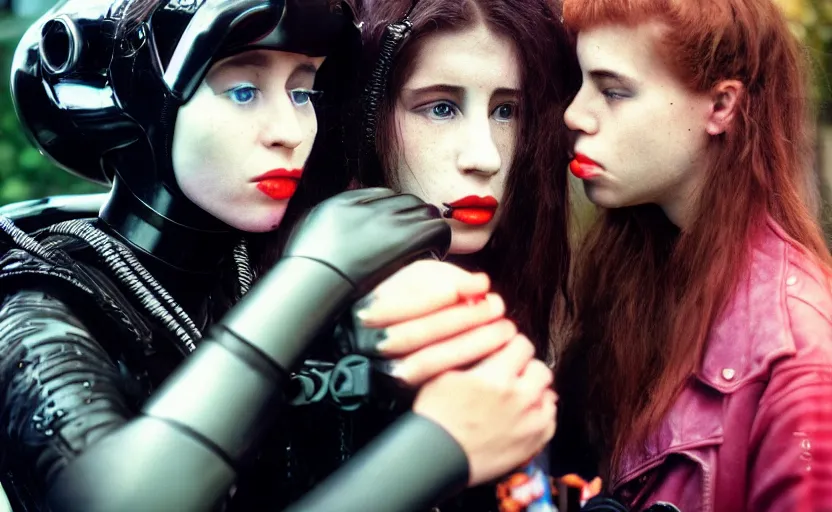 Image similar to cinestill 5 0 d photographic portrait by helen levitt of two loving female cyborgs kiss wearing black techwear in a retrofuturist garden, extreme closeup, modern cyberpunk, 8 k, hd, high resolution, 3 5 mm, f / 3 2, ultra realistic faces, intricate detail, ex machina