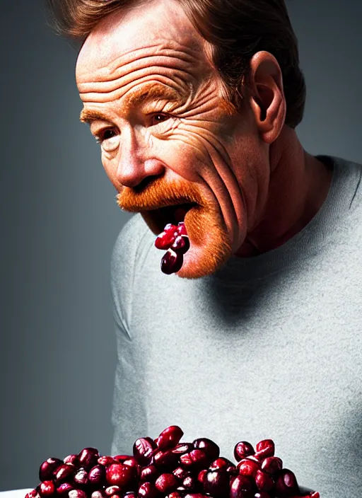 Image similar to bryan cranston bulging cheeks eating cranberries, open mouth filled with cranberries, studio light, bloom, detailed face, magazine, press, photo, steve mccurry, david lazar, canon, nikon, focus