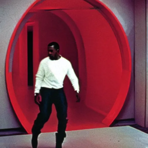 Image similar to 1980s film photograph of kanye west stepping through a bright red rectangle portal, blurry, grainy, liminal