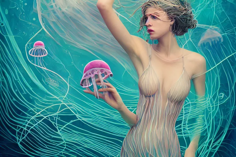 Prompt: jellyfish and sea creatures swimming around beautiful woman body, elegant, highly detailed, smooth, sharp focus, trippy, dmt, psychedelic, illustration, beautiful, geometric, trending on artstation, cinematic, artwork by WLOP