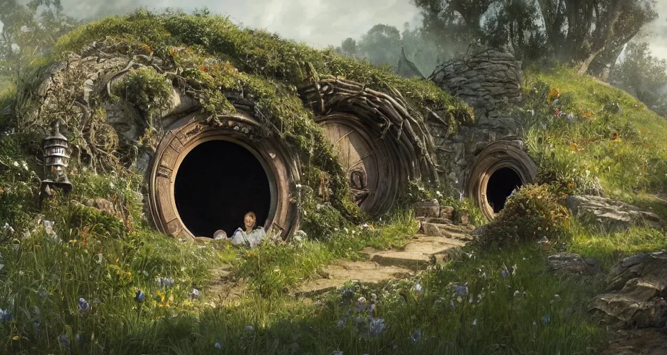 Image similar to the shire, hobbiton, lord of the rings, hobbit circle doors, intricate, elegant, highly detailed, greg rutkowski, dishonored 2, bioshock, scifi, john park, frazetta, john howe, ruan jia, jeffrey catherine jones