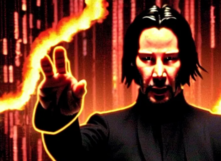 Image similar to A photo of Keanu Reeves as Neo in The Matrix movie doing a thumb up to the camera in front on burning servers, servers in flames in the background, happy system administrator doing a thumb up, uncropped, full body, crispy, ultra detailed