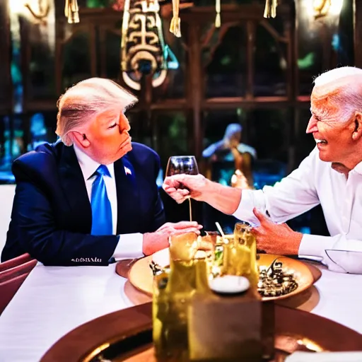 Image similar to Trump and Biden having dinner at a fancy Balinese restaurant, award winning photography, 85mm, perfect faces