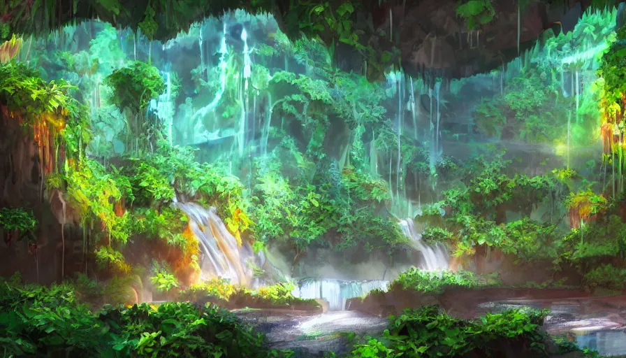 Prompt: concept art of underground jungle cave with waterfalls, luminescent plants, colorful, high detailed