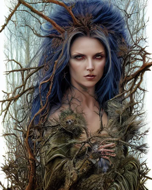 Image similar to a highly detailed airbrush painting of an evil female fantasy sorceress with piercing beautiful eyes standing on a forest meadow, dead trees, night, art by karol bak and donato giancola and mark brooks, centered, full size, hires, 4 k, high resolution, sharp focus