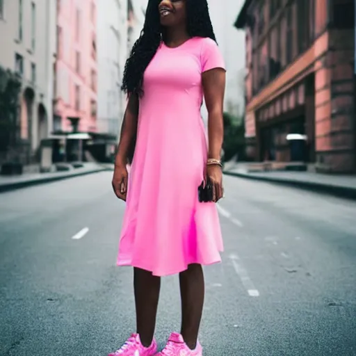 Image similar to same image but only one person in it, full body shot in a pink dress, nike air force 1 sneakers