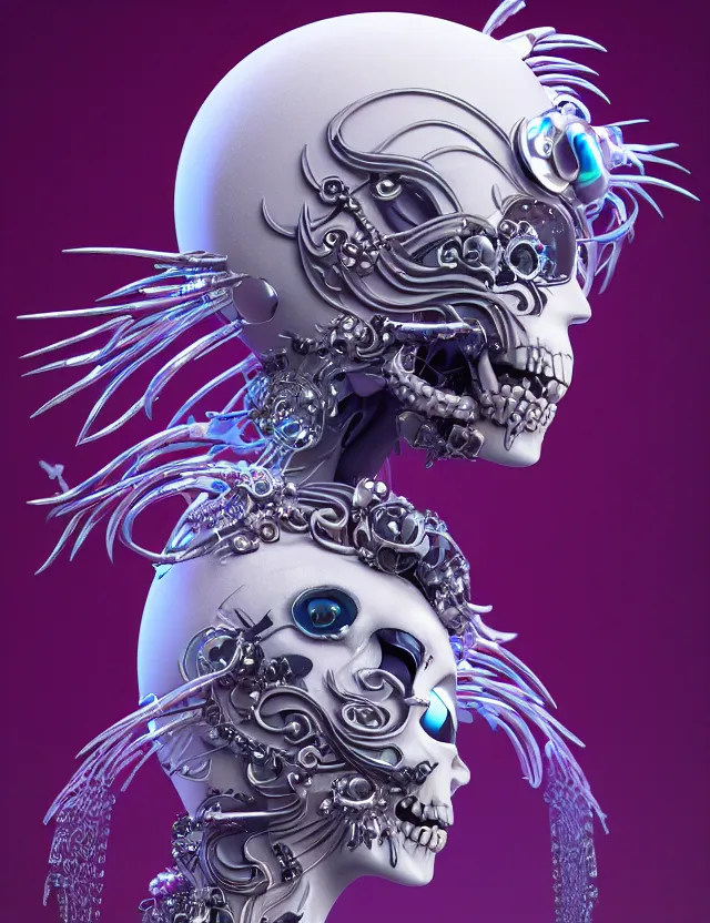 Image similar to 3 d goddess close - up profile simple portrait cybernetic with skull. beautiful intricately detailed japanese crow kitsune mask and clasical japanese kimono. betta fish, jellyfish phoenix, bio luminescent, plasma, ice, water, wind, creature, artwork by tooth wu and wlop and beeple and greg rutkowski