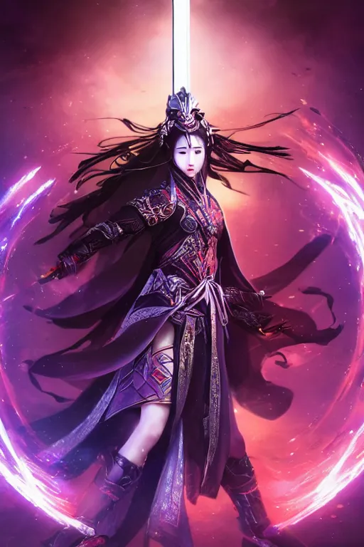 Prompt: beautiful cinematic fantasy poster, wuxia sword dance heroine, beautiful glowing galaxy eyes, hybrid from Dynasty Warriror and art direction by tian zi, WLOP, Darius Zawadzki cinematic quality character render; low angle; ultra high quality model; production quality cinema model;