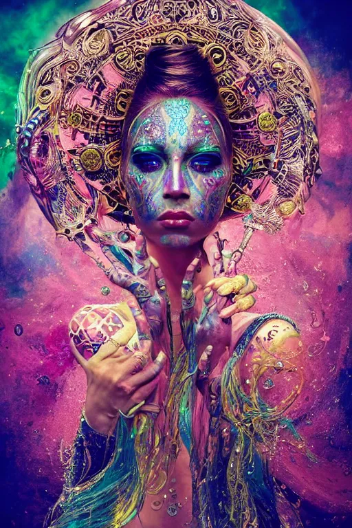 Image similar to a centered render of an mytical festival hippy with tribal tattoos wearing intricate metallic clothing surrounded by a underwater ink pour and flowing liquid gallium and sacred geometry, perfect body and face, gorgeous, cinematic, beautifully lit, by alberto seveso, by karol bak, by donato giancola, 3 d, trending on artstation, octane render, 8 k