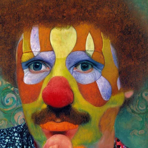 Image similar to detailing character concept portrait of clown by Gustav Klimt, on simple background, oil painting, middle close up composition