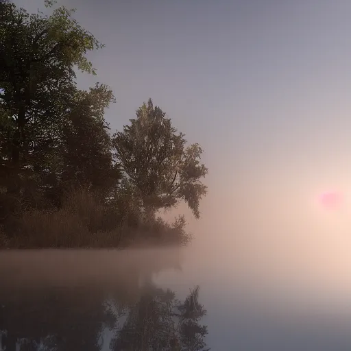 Image similar to still shot of a lake covered in morning fog, highly detailed, photorealistic portrait, bright studio setting, studio lighting, crisp quality and light reflections, unreal engine 5 quality render