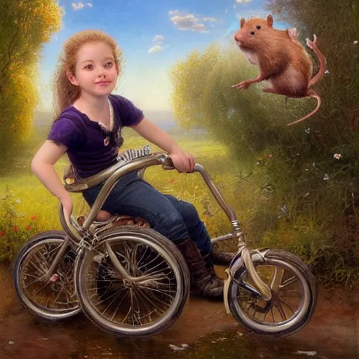 Image similar to a little hamster riding a tricycle, Lilia Alvarado, Sophie Anderson, Mark Arian, Bob Byerley, Charlie Bowater, Mark Brooks, Steve Henderson, Justin Gerard, Arthur Hughes, Edward Robert Hughes, Mark Keathley, Victor Nizovtsev, Carlos Shwabe, Ross Tran, WLOP