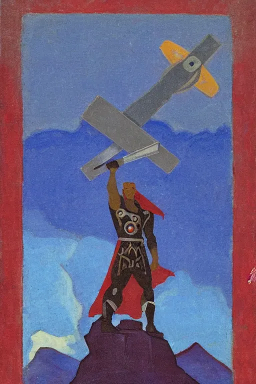 Image similar to thor with mjollnir, marvel, artwork by nicholas roerich,