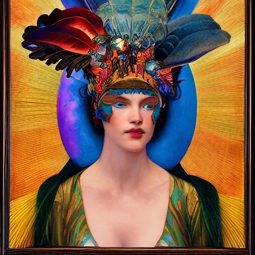 Image similar to goddess of the future city, by Annie Swynnerton and Diego Rivera and Tino Rodriguez and Maxfield Parrish, elaborate headdress and embroidered velvet, iridescent beetles, rich color, dramatic cinematic lighting, extremely detailed