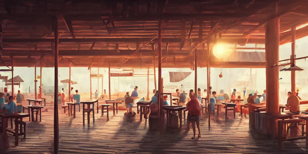 Image similar to interior of a kopitiam at pulau indah fishing village, near a jetty, early morning, hyperrealistic, detailed matte painting, low angle view, telephoto lens, bokeh, studio ghibli, artstation