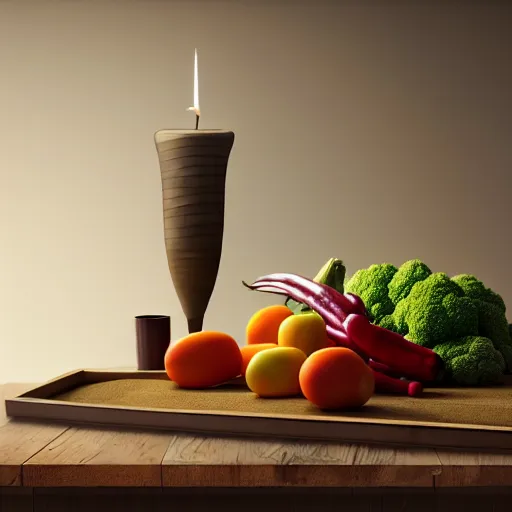 Prompt: a large vase sitting on top of a wooden table, medieval concept art, cinematic lightning and colors, featured on cg society, photorealism, vray tracing, rendered in unreal engine, photorealistic, vegetables on table and candle, dark lightning, contrast shadows