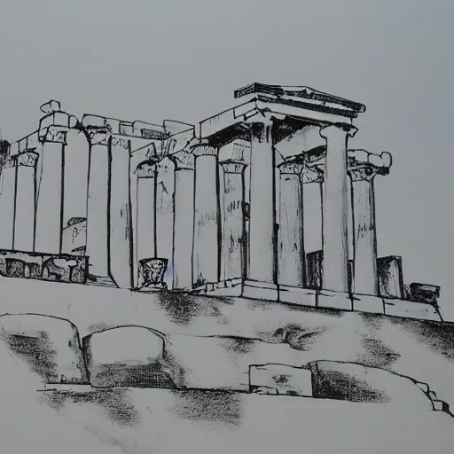 Prompt: Greek acropolis, ink painting, Qibai stone style