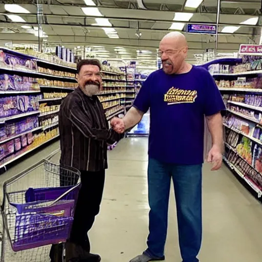 Prompt: walter white shaking hands with thanos at a walmart,