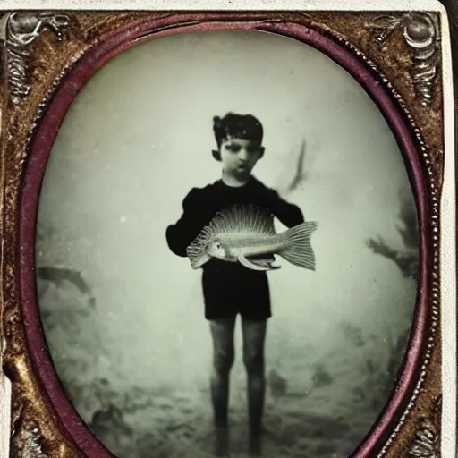 Prompt: tintype photo, floating underwater, child with huge squid