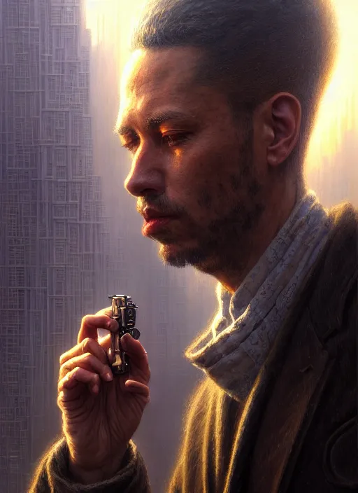 Image similar to closeup portrait shot of a male sleuth in a scenic cyberpunk environment, intricate, elegant, highly detailed, centered, digital painting, artstation, concept art, smooth, sharp focus, illustration, artgerm, tomasz alen kopera, peter mohrbacher, donato giancola, joseph christian leyendecker, wlop, boris vallejo