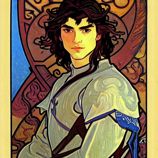 Image similar to portrait painting of young handsome beautiful paladin elf!! man with long! wavy dark hair and blue eyes in his 2 0 s named taehyung minjun james fighting a group of goblins, pale, wearing armor!, modest, elegant, cute, delicate, soft facial features, art by alphonse mucha, vincent van gogh, egon schiele,