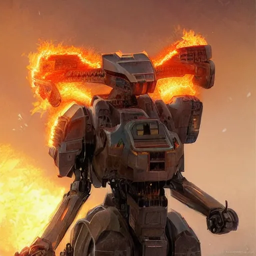 Image similar to portrait of timberwolf battlemech on fire, battle damage, sunset glow around head, full body portrait, intricate, elegant, highly detailed, digital painting, artstation, concept art, smooth, sharp focus, illustration, art by artgerm and greg rutkowski and alphonse mucha, background is a city in ruins