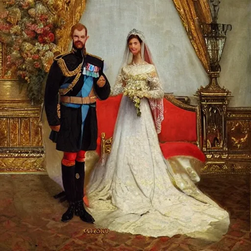 Image similar to Photograph of a royal wedding for queens, vertical symmetry, photograph, high detail, vintage shading, warm colors by Ilya Repin and artgerm