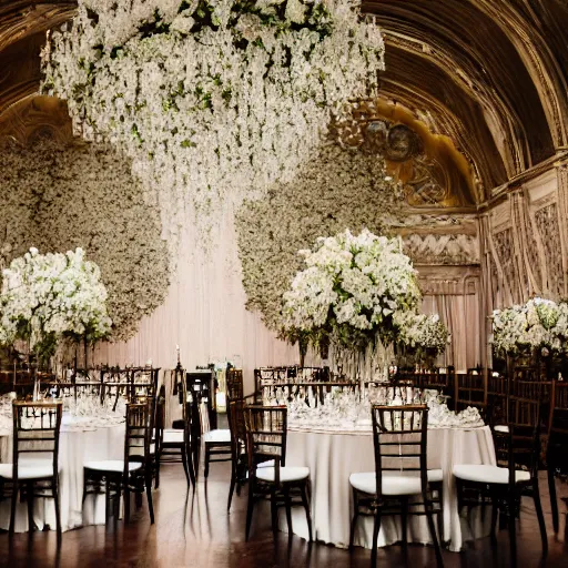 Image similar to A photograph of inside a castle of a royal wedding floral covered venue inspired by a enchanted ethereal forest.