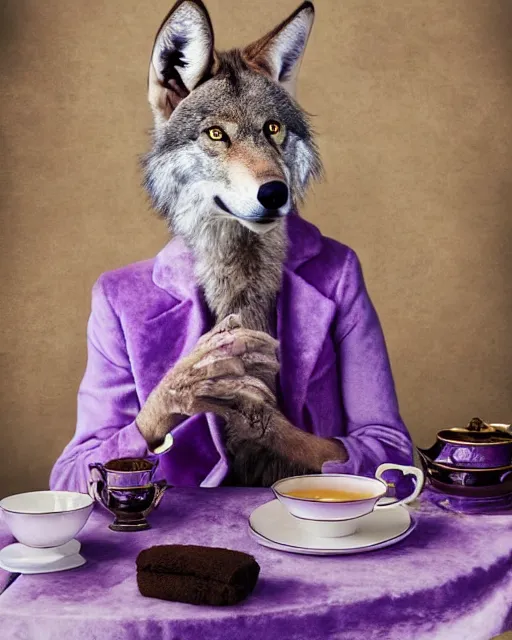 Prompt: Tall emaciated man wolf hybrid with long coyote like ears, wearing a purple velvet enjoying a cup of tea, British Tea Parties, highly realistic, Rick Baker style, photoreal, photograph in the style of Annie Leibovitz