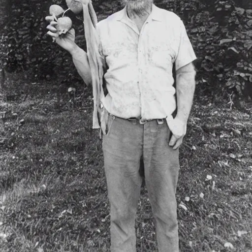 Image similar to vintage, wrinkled, black and white photograph of a man standing proudly next to an enourmous strawberry