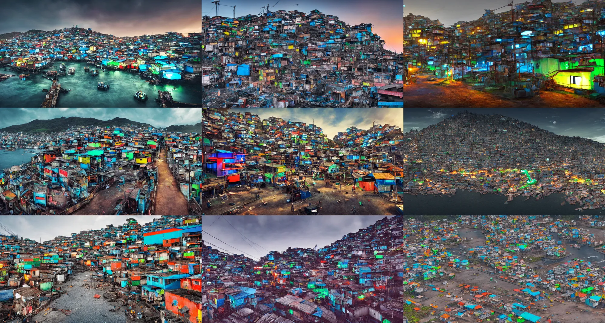 Prompt: google street view image of a dystopian fishing village, futuristic, favelas, some have neon signs, realistic, epic composition, epic lighting, 4 k