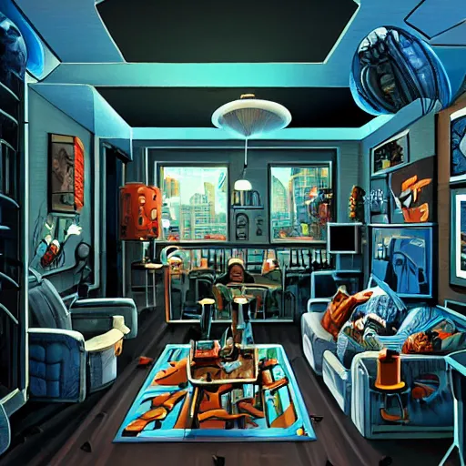Prompt: twopoint perspective, trendy apartment interior coolest flat that a kiddo could dream of, from a space themed point and click 2 d graphic adventure game design inspired by hg giger, art inspired by thomas kinkade, by james jean, by rossdraws, frank franzzeta, mcbess, sakimichan