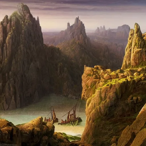 Image similar to a beautiful and highly detailed matte painting of a colorful yet humble english fort built of large stones in the distance high in the most epic mountains ever, intricate details, epic scale, insanely complex, 8 k, sharp focus, hyperrealism, very realistic, by caspar friedrich, greg rutowski, james gurney, hudson river school