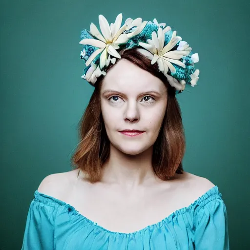 Image similar to a portrait of beautiful nordic woman wearing a white folkdrakt dress, summer flowers headband on her head, against a teal blue background