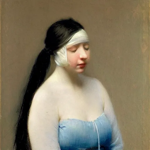 Image similar to a young woman’s face, her hair is white, her eyes are covered with a flowing blue satin blindfold, by ivan aivazovsky and alma tadema and and willen claesz heda and aelbert cuyp and gerard ter borch