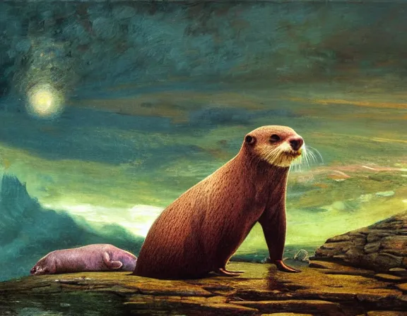 Prompt: animals all together, otters and beasts celebrate festival. wide detailed digital oil illustration for mtg. dnd fantasy epic illustration by john constable, smooth, chrome, lofi, nebula, calming, dramatic, fantasy, by moebius, by zdzisław beksinski, epic composition