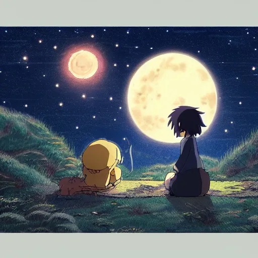 Image similar to friendly creature made by Hayao Miyazaki, studio ghibli artstyle, night, stars, beautiful scene, smooth, detailed, high detail,high quality, 8k anime