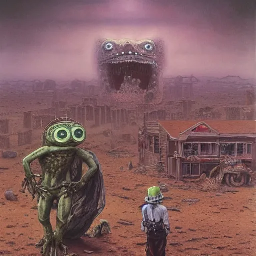 Prompt: a hyperrealistic painting of a ghost town with cowboy pepe the frog teleporting through portals and robotic aliens, apocalyptic desert, cinematic horror by chris cunningham, richard corben, highly detailed, vivid color, beksinski painting, part by junji ito and gerhard richter. art by takato yamamoto. masterpiece