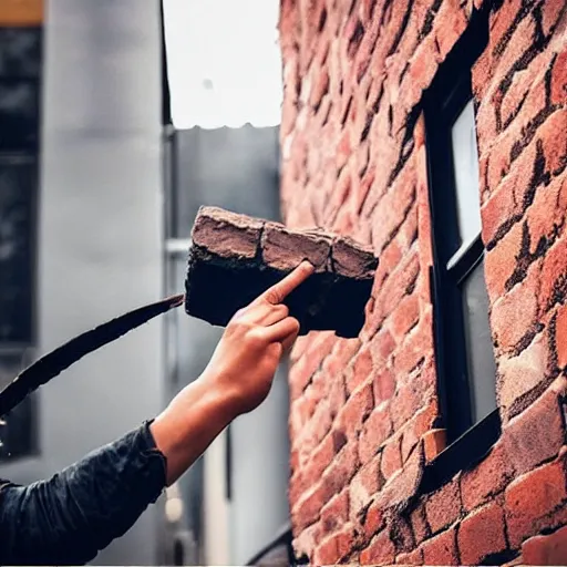 Prompt: angry instagram influencer throwing a brick through someone's window