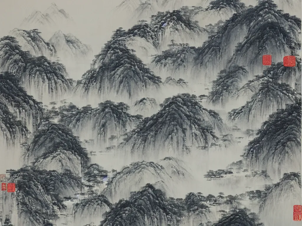 Image similar to its torrent dashes down three thousand feet from high ; as if the silver river fell from azure sky, cinematic landscape ， on a snowy day, natural light, ink painting, traditional chinese painting, by xu beihong