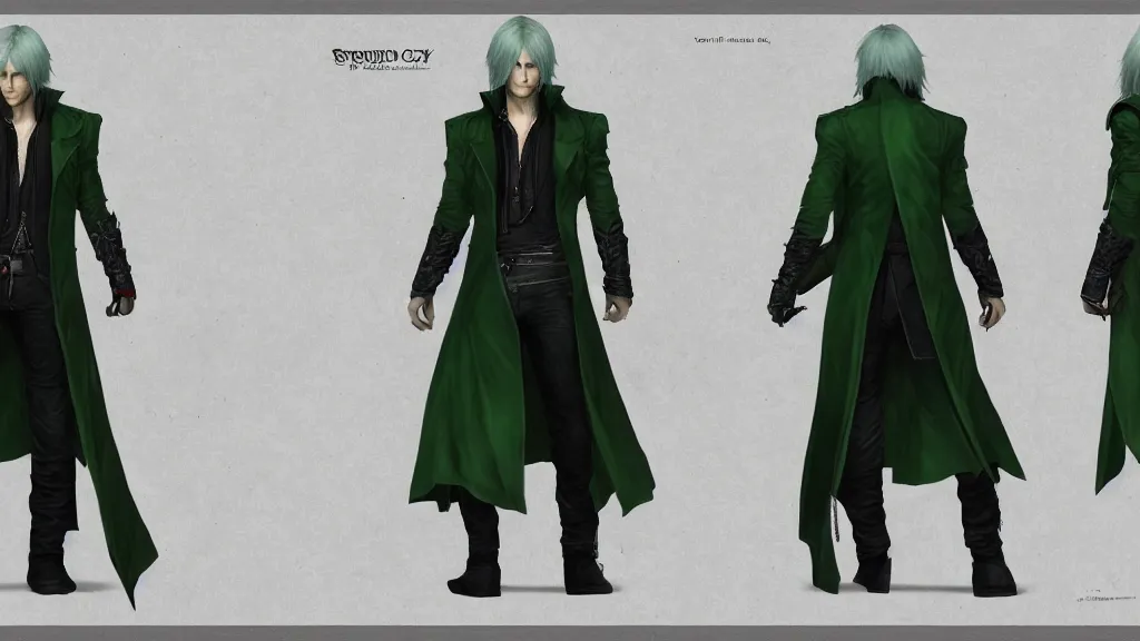 Prompt: devil may cry long haired green coat son of sparda character design sheet, trending on artstation