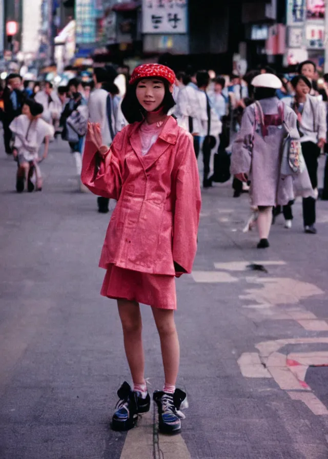 Prompt: a street fashion photograph of a cute japanese woman in 9 0 s fashion, in tokyo akihabara, shot on cinestill 5 0 d with a 3 5 mm at f / 2. 8 lens, print magazine, photorealistic, nineties nostalgia, 4 k