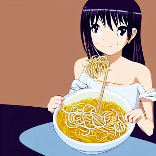 Prompt: a cute anime young woman eating a bowl of noodles. n-5