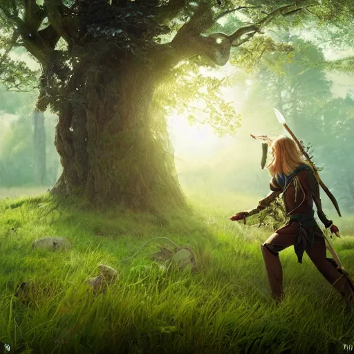 Prompt: epic fantasy style mystical forest elf archer man with long blond hair in the midst of a grassy meadow, oil painting, Greg Rutkowski, unreal 5, DAZ, hyperrealistic, octane render, RPG portrait, dynamic lighting