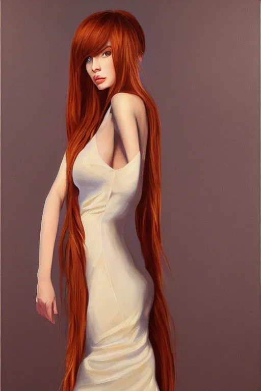 Image similar to ultra realist soft painting of a single beautiful female in a full long curvy slim dress, thin long auburn hair, symmetry accurate features, very intricate details, volumetric lighting, 1970 artstyle