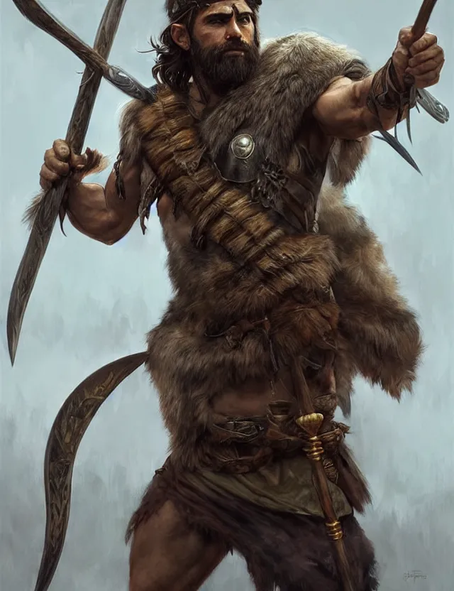 Image similar to full body portrait of a gruff ranger with a spear, wolf pelt on his head, muscular, handsome face, hairy body, D&D, fantasy, intricate, elegant, highly detailed, digital painting, artstation, concept art, matte, sharp focus, illustration, art by Artgerm and Greg Rutkowski and Alphonse Mucha