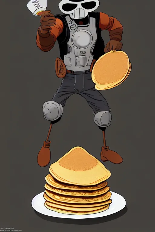 Prompt: professional photographic shoot mf doom making pancakes, animation pixar style, by pendleton ward, magali villeneuve, artgerm, rob rey and kentaro miura style, golden ratio, trending on art station