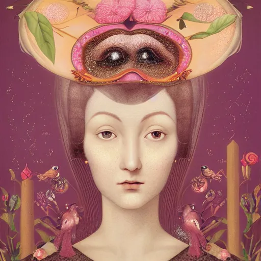 Prompt: a detailed portrait of young woman in renaissance dress with a glass face and a surreal renaissance headdress, very surreal garden, cyberpunk, surreal tea party, birds, glitter, polka dots nature, strange creatures, by christian schloe and botticelli, naotto hattori, amy sol, roger dean, godward, hikari shimoda, moody colors