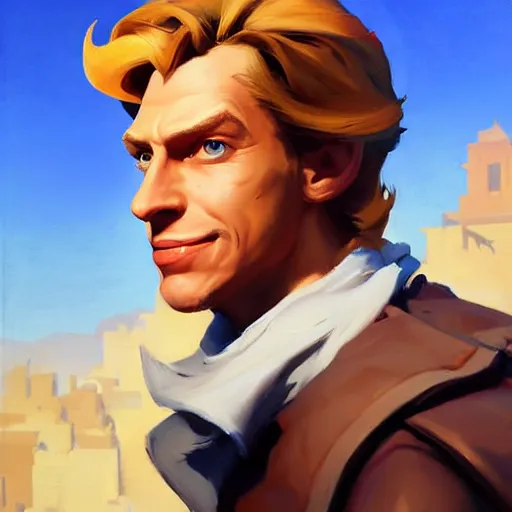 Image similar to Greg Manchess portrait painting o Guybrush Threepwood as Overwatch character, medium shot, asymmetrical, profile picture, Organic Painting, sunny day, Matte Painting, bold shapes, hard edges, street art, trending on artstation, by Huang Guangjian and Gil Elvgren and Sachin Teng